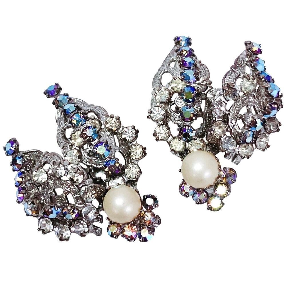 VTG Signed Hobé Mid Century Earrings AB 1950s Rhinestone Faux Pearl Clip On